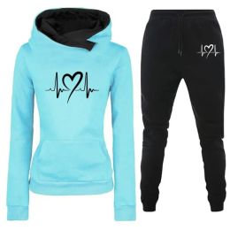 Pants Fashion Ladies Sweater Joggers Two Piece Set Hoodies Outfits Women Fleece Lined Hooded Sweatshirt With Heartbeat Print Suit