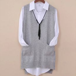 Pullovers spring autumn pure wool sweater women vest sweater vest pocket female midlength vest vnect collar kimono jacket pullo