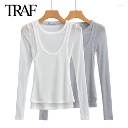 Women's T Shirts TRAF Women Fashion Spring/summer White Cotton Tee Round Neck Pullover Top Chic Female Fake Two-piece T-Shirts