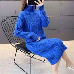 Dresses 2021 Turtleneck Women Sweater Dress Winter Warm Female Jumper Thick Sweaters Solid Ribbed Long Knitted Pullover Pull Hiver Femme