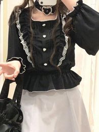 Women's Blouses Japanese Cute Sexy Ruffle Long Sleeve Crop Top Shirt Women Kawaii Lolita Flare Y2k Lace Halter Blouse Tops Jk Blusa