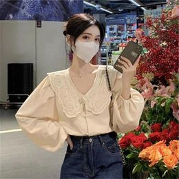 Women's Blouses Fashion Women Blosue Fall Top V Neck Doll Collar Solid Colour Long Lantern Sleeve Loose Casual Sweet Style Lady Cummute