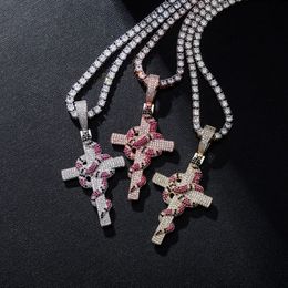 Retro Snake Cross Pendant Real Gold Electroplated Full of CZ Iced Out Diamond Mens Necklace Hip Hop Jewelry208l