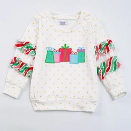 Girlymax Christmas Long Sleeve Outfits Baby Girls Gift Embroidery Dots Top Tshirt Pullover Boutique Kids Clothing 240220