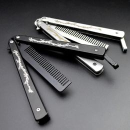 Foldable Comb Stainless Steel Practise Training Butterfly Knife Comb Beard Moustache Brushes Hairdressing Styling Tool 240301