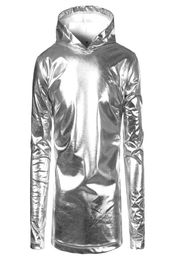 Brand T Shirt Men Hooded Tee Shirt Homme Shiny Night Club Mens Long Sleeve Tshirts Casual Silver Metallic Dance Top Tees Size S2X6198651