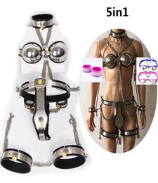 5 pcs/sets Stainless Steel Fe Belts Collar Bra Sex Fetish Thigh Rings Handcuffs Bondage Device Sex Toys for Women G7-5-481511452