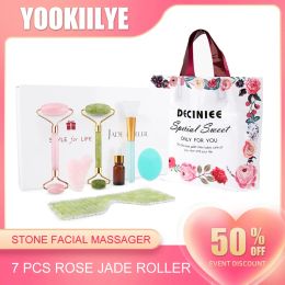 Roller Gift Set 7Pcs Rose Jade Roller Gua Sha Set Natural Crystal Stone Facial Massager Body Slimming Roller Beauty Tool For Skin Care