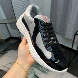 Designer Classic Casual Shoes America Cup Patent Leather Sneakers Low Tops Flat Trainers for Men Leather Nylon Black Outdoor Trainer Sport Shoes Come With Dust Bag