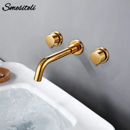 SMESITELELE Modern Gold Basin Kanek podwójny uchwyt mosiężna powierzchnia łazienka wanna zimna wodę akcesoria 240228