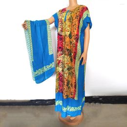 Party Dresses Scarf For Women Colourful Print Fashion Crew Neck Short Sleeve Maxi Vestidos Loose African Femme Clothes Holiday