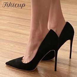 Tikicup Women Solid Black Flock Pointed Toe Stiletto Pumps Elegant Ladies Formal Dress Shoes OL Slip On High Heels 8cm 10cm 12cm 240228