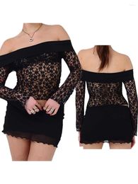 Women's Tanks Women S Lace Off-shoulder Crop Top Elegant Long Sleeve Sheer Blouse For Clubwear