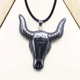 Pendant Necklaces Nature Stone Hematite Carve Ox Necklace Black Leather Rope Lobster Buckle Fashion DIY Jewellery Accessories Wholesale 8Pcs