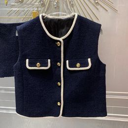 Women's Vests Fashion Wool Tweed Navy Blue Vest For Women High Quality O-Neck Contrast Braid Edge Single Breasted Sleeveless Coat Lady