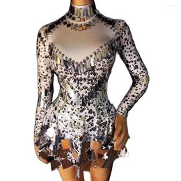 Stage Wear Women Bright Crystal Diamond Mini Dress Sequins Mirror Rhinestone Nightclub Party Show Evening Prom Costume