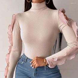 Women's Blouses Spring Solid Colour Turtleneck Shirt Tops Women Hollow Out Ruffle Long Sleeve Slim Pullover Elegant Ribbed Pit Commute Blouse