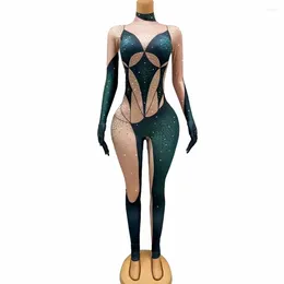 Stage Wear Sexy Green Gold Rhinestones Nude Jumpsuit Singer Dancer Stretch Bodysuit Evening Birthday Celebrate Costume Club Leggings