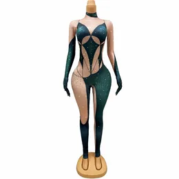 Stage Wear Green Gold Rhinestones Nude Jumpsuit Singer Dancer Stretch Bodysuit Evening Birthday Celebrate Costume Leggings
