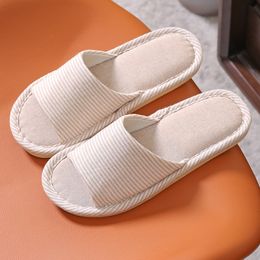 Home Pinstripe Floor Wood Interior 2024 Linen Four Seasons Summer Men and Women Couples Cotton Open Toe Flip-flops 95 Wo 5