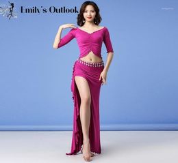 Women Belly Dance Costume Set 2 Piece Oriental Dancer Competion Clothes Comfortable Modal Long Sleeve Top Sexy Skirt Stage Show19720612