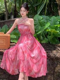 Casual Dresses French Pink Print Elegant Vacation Long 2024 Summer Birthday Evening Party Women Clothes Fashion Sundress Ladies