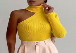 Women039s Sweaters 2021 Autumn Woman Fashion Casual High Neck One Shoulder Skinny Knit Top Warm Sweater Daily Wear Yellow Long 8757243