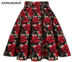 High Waist Floral Rockabilly Pleated Skirts Summer Red Rose Flower Boho Vintage Skirt Midi Plus Size 3XL Clothing 2203221566279