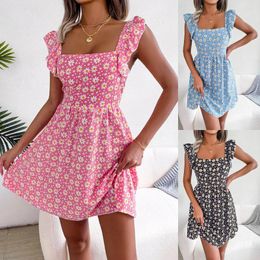 Casual Dresses Women Boho Summer Beach Floral Mini Sundress Flying Sleeve Bandage Flower Dress Elegant Cute Sweet Playa Clothes Vestidos