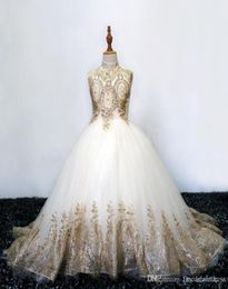 Elegant High Neck Lace A Line Flower Girl Dresses Tulle Gold Lace Applique Floor Length Gilrs 039Pageant Birthday Party Dresses4148006