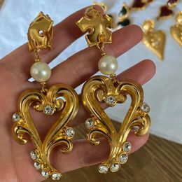 Dangle Earrings Europe Exaggerate Pearl Crystal Heart Long 24K Gold Plated Large Ear Clip Women Vintage Jewelry Trendy