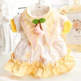 Dog Apparel Cotton Thick Plush Puppy Clothing Fashion Print Light Yellow Princess Dress For Small Medium Chihuahua Pet Clothes