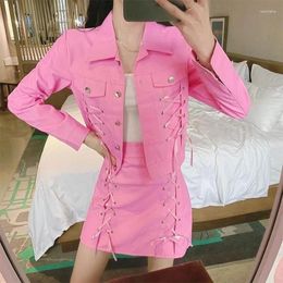 Work Dresses Women Spring 2 Pcs Set Korean Single Breasted Long Sleeve Jacket High Waist Bodycon Mini Skirt Faux Leather Two Piece Suit J204