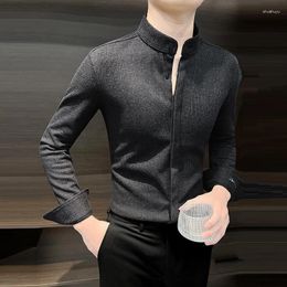 Men's Casual Shirts Spring Autumn Stand Collar Fashion Woolen Shirt Male Long Sleeve Solid Color Buttons Business Bottomed Blouse Top Men