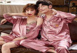 Sexy Ice Silk Pyjamas For Couples Long Sleeve Faux Silk Women039s Dressing Gown Casual Loose Male Home Clothes 2 Piece Sets 2116648767