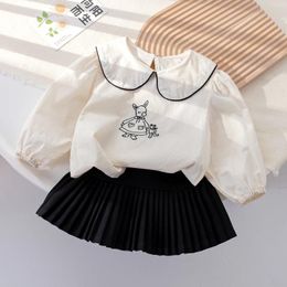 Clothing Sets 2024 Summer Korean Ins Kids Baby Girls 2PCS Clothes Set Cotton Long Sleeve Blouse Pleated Skirts Suit Toddler Outfits