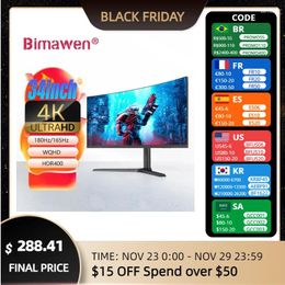 Bimawen 34 Inch 4k 180Hz Monitor Curved Ultrawide WQHD Gaming 3440 X 1440 R1500 21:9 LED Computer Screen DP/HDMI
