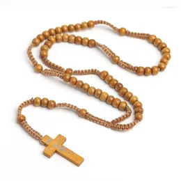 Chains Christ Necklace Wooden Round Bead 8mm Cross Rosary Women Man Rope Sweater Fashion Chain Jewelry Accessories