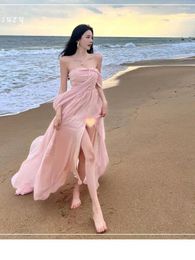 Casual Dresses Summer Pink Elegant Pleated High Waist Split Long Dress Women Fashion Backless Halter Strapless Fairy Female 2024 Vestido