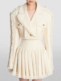 HIGH STREET est Fashion Designer Womens Tassel Fringed Tweed Trimmed Jacket 240301