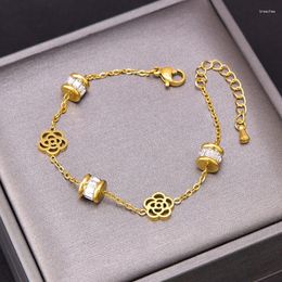 Charm Bracelets Trendy Camellia Bracelet For Women Shiny Top Cubic Zirconia Transfer Beads Adjustable Titanium Steel Gold Plated Z532