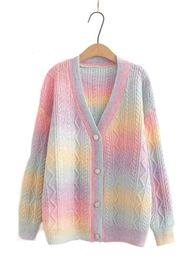 Rainbow Women Knit Cardigan Autumn Winter Long Sleeve V Neck Loose Sweater Preppy Style Casual Versatile Outwear Tops 240227