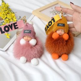 Cute Sleep Baby Pompom Keychain Real Fox Fur Doll Keyring Plush Doll Pendant Fashion Key Holder Chain for Car Key Ring Women Bag 240228