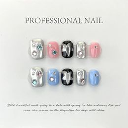 Handmade Y2k Press on Nails Short Cute Pink Blue Korean Adhesive False Artifical Acrylic Star Nail Tip Full Cover Art 240229