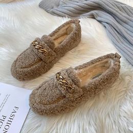 Casual Shoes Brand Metal Chains Lambwool Loafers High Quality Thicken Plush Winter Fur Flats Woman Ladies Cotton Moccasins Size 43