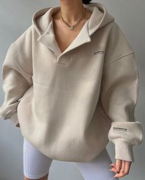 2024 Spring Women Hoodie Grey Hooded Long Sleeve Vneck Velvet Warm Sweatshirt Female Summer Trendy Korean Ladies Clothes 240223