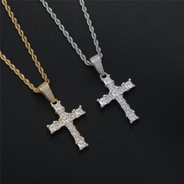 Hip Hop Iced Out Lab Diamond Cross Pendant Necklace Gold Silver Plated Micro Paved Cubic Zircon Mens Bling Jewellery Gift267H