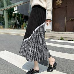 Skirts Luxury Houndstooth Long Knit Women Pleated Skirt Autumn Winter Thick Warm A Line Chic Knitted Sweater Femme