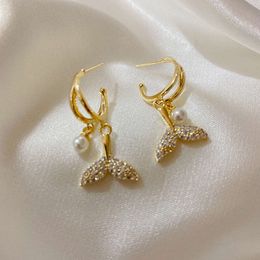 Needle Korean Pearl Water Diamond Fish Tail Women's Personality Temperament Versatile Cold Wind Earrings Earrings