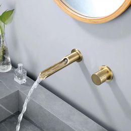Bathroom Sink Faucets Luxury Wall Mounted Brass Faucet Top Quality Waterfall Cold Water Washbowl One Handle Two Hole Tap Gold